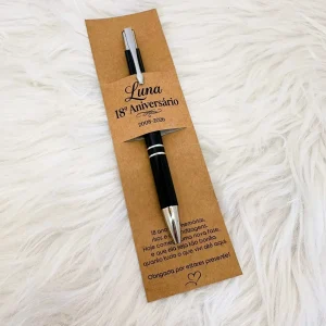 Lembrança de Aniversário com caneta em Alumínio Personalizada e suporte em Kraft (10 Unidades)