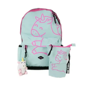 Kit de mochila + estuche extensible + llavero de peluche - Unicornio mint y fucsia