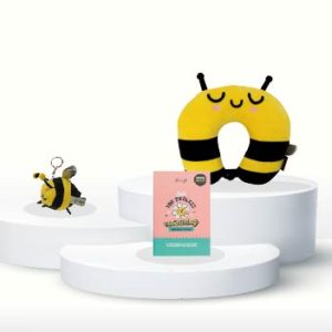Pack Viaje abeja - Cojín cervical unicornio + llavero de peluche + libro de colorear
